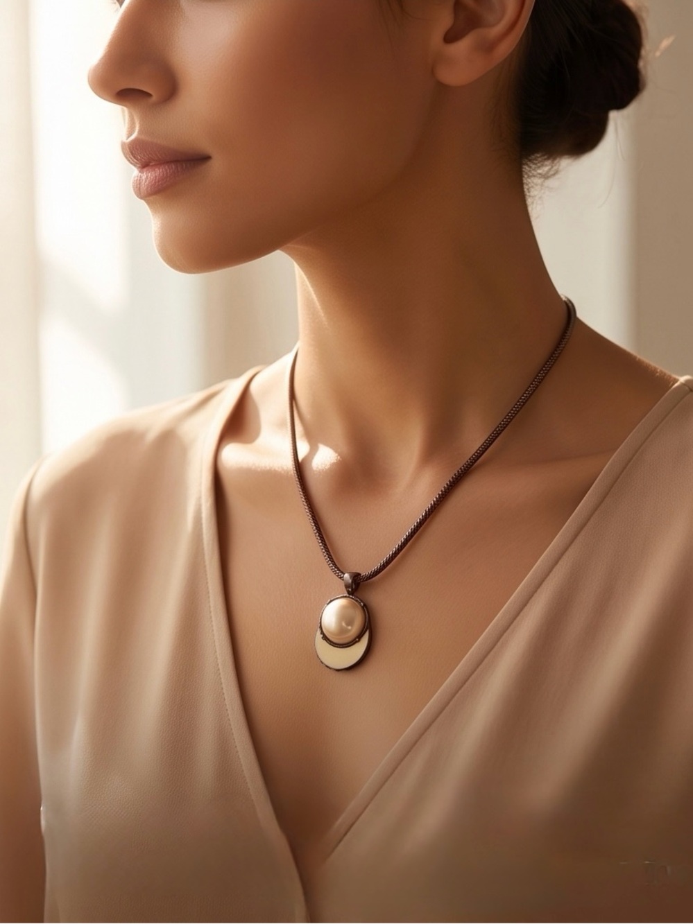 Bronze-Tone Snake Chain Necklace with Faux Pearl Pendant